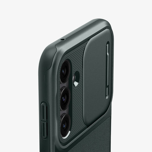 ACS05639 - Galaxy S23 Ultra Case Optik Armor in black showing the back with lens protector slot open